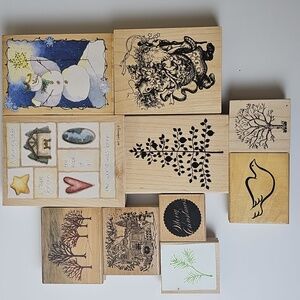 Rubber Wood Mount Stamp Lot Of 10 Winter Holiday Christmas Santa Snowman Sleigh